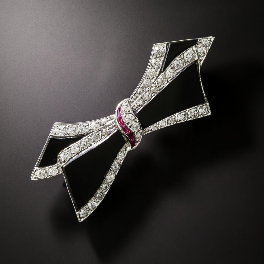 Art Deco Onyx, Diamond, and Ruby Bow Brooch - 3