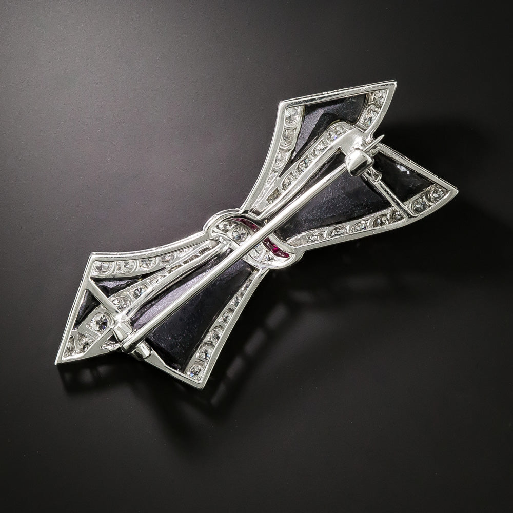 Art Deco Onyx, Diamond, and Ruby Bow Brooch - 4