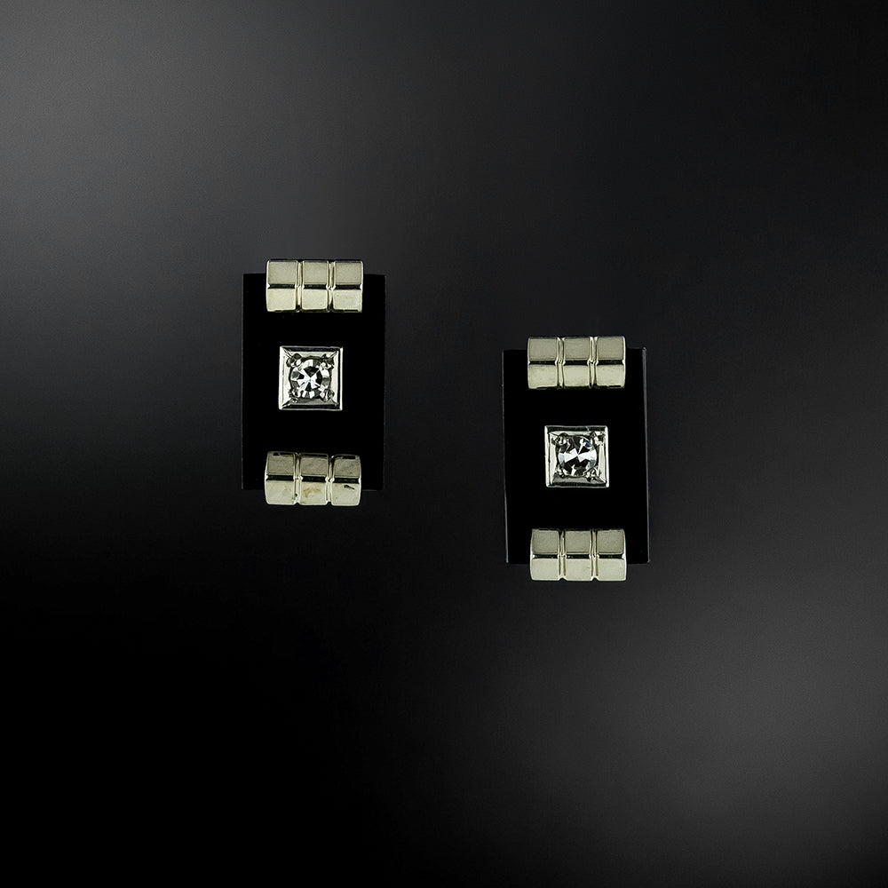 Art Deco Onyx Rectangle  and Diamond Stud Earrings - 2