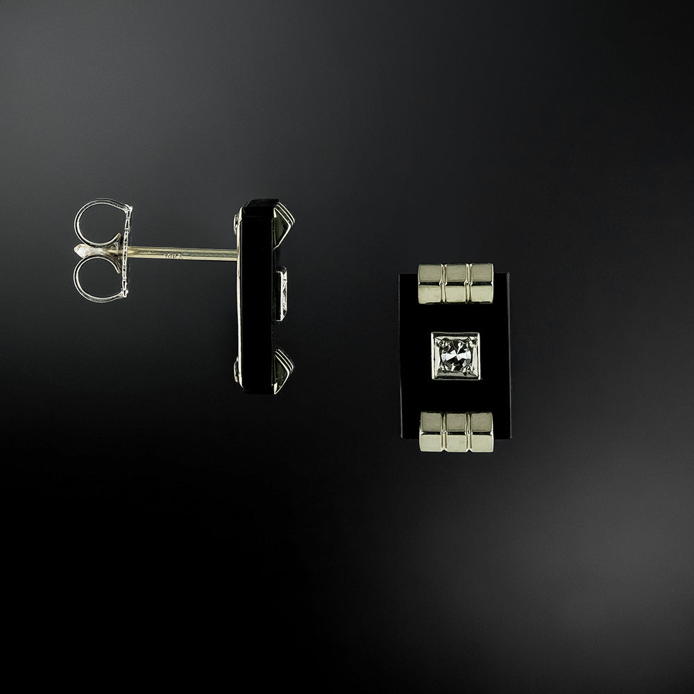 Art Deco Onyx Rectangle  and Diamond Stud Earrings - 3
