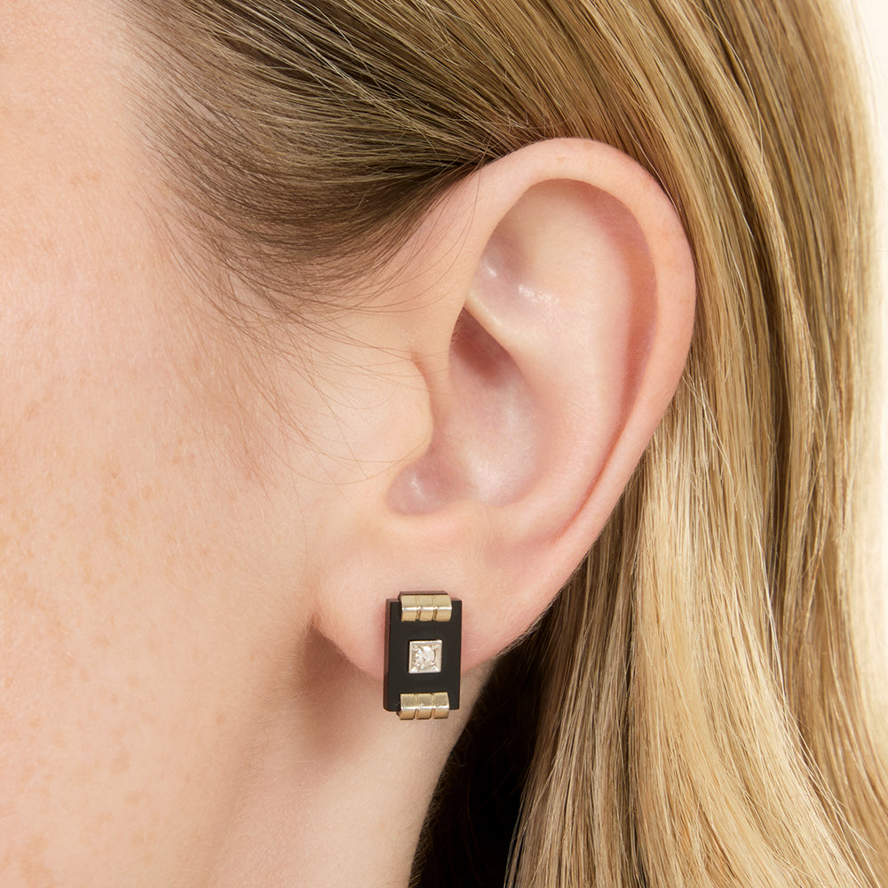 Art Deco Onyx Rectangle  and Diamond Stud Earrings - 4