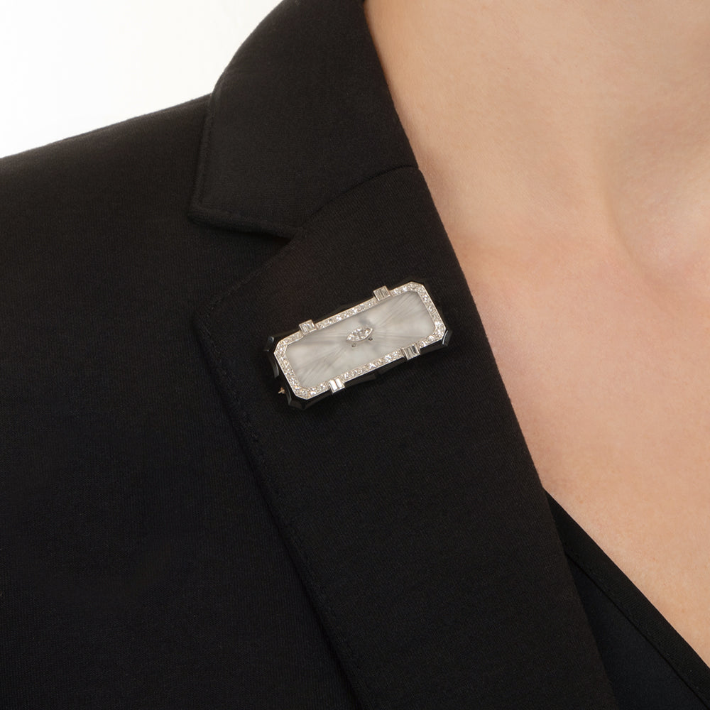 Art Deco Onyx, Rock Crystal and Diamond Brooch - 5