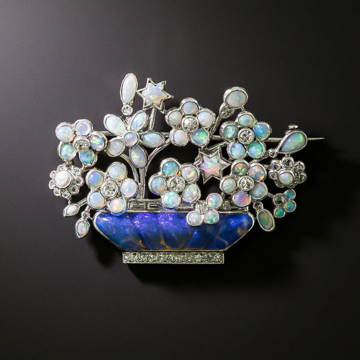 Art Deco Opal and Diamond Flower Basket Brooch