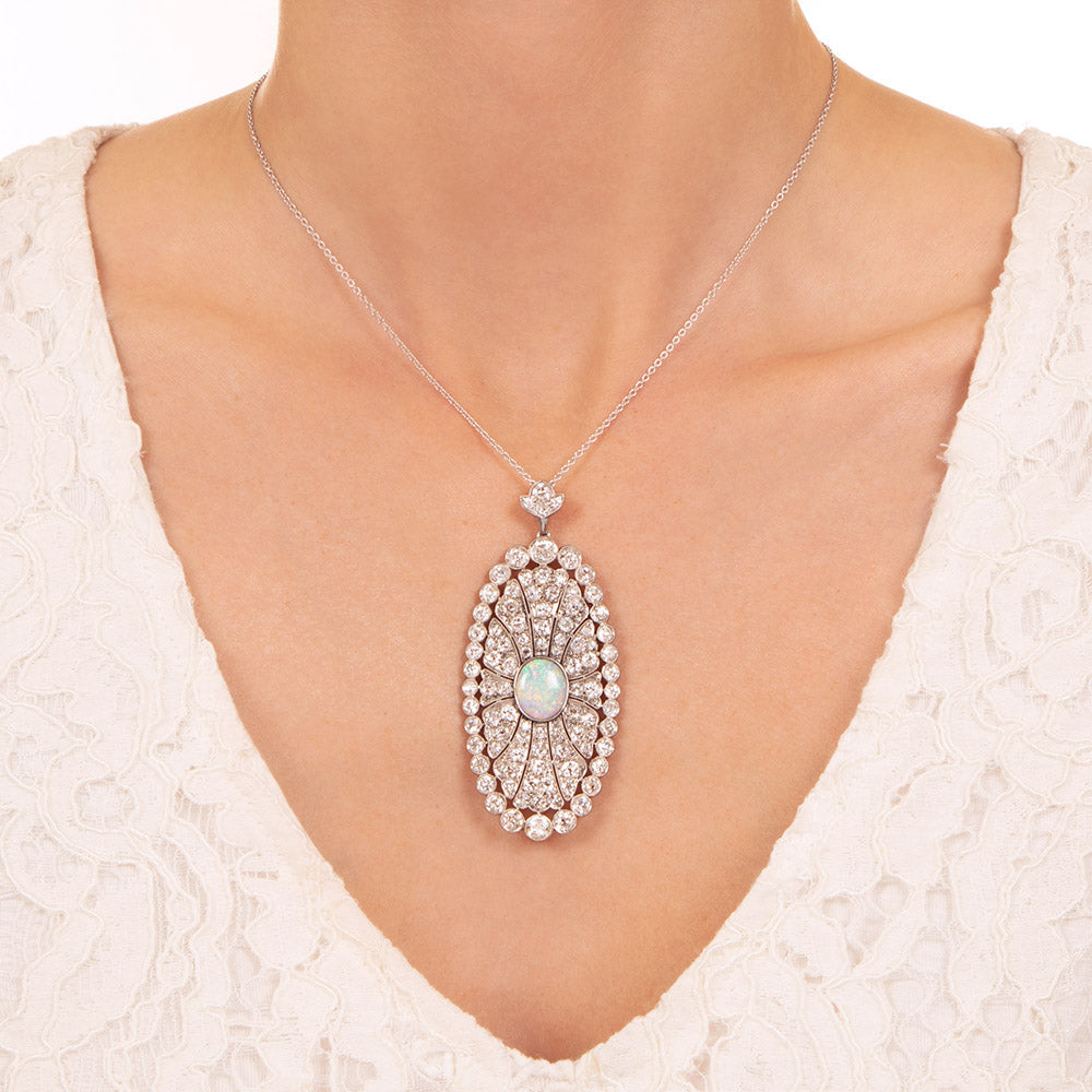 Art Deco Opal and Diamond Oval Pendant - 3