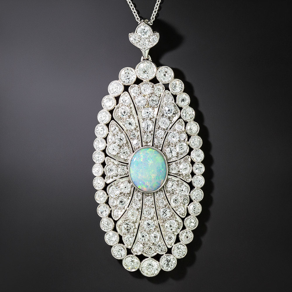 Art Deco Opal and Diamond Oval Pendant - 2