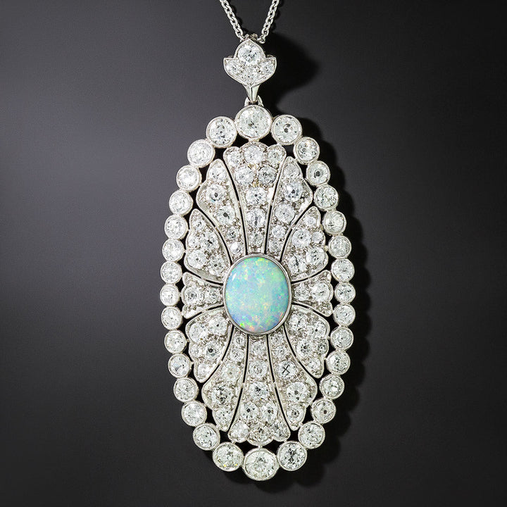 Art Deco Opal and Diamond Oval Pendant