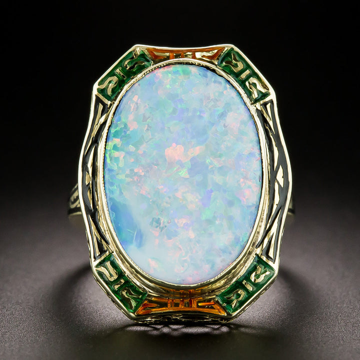 Art Deco Opal and Enamel Ring, Size 5