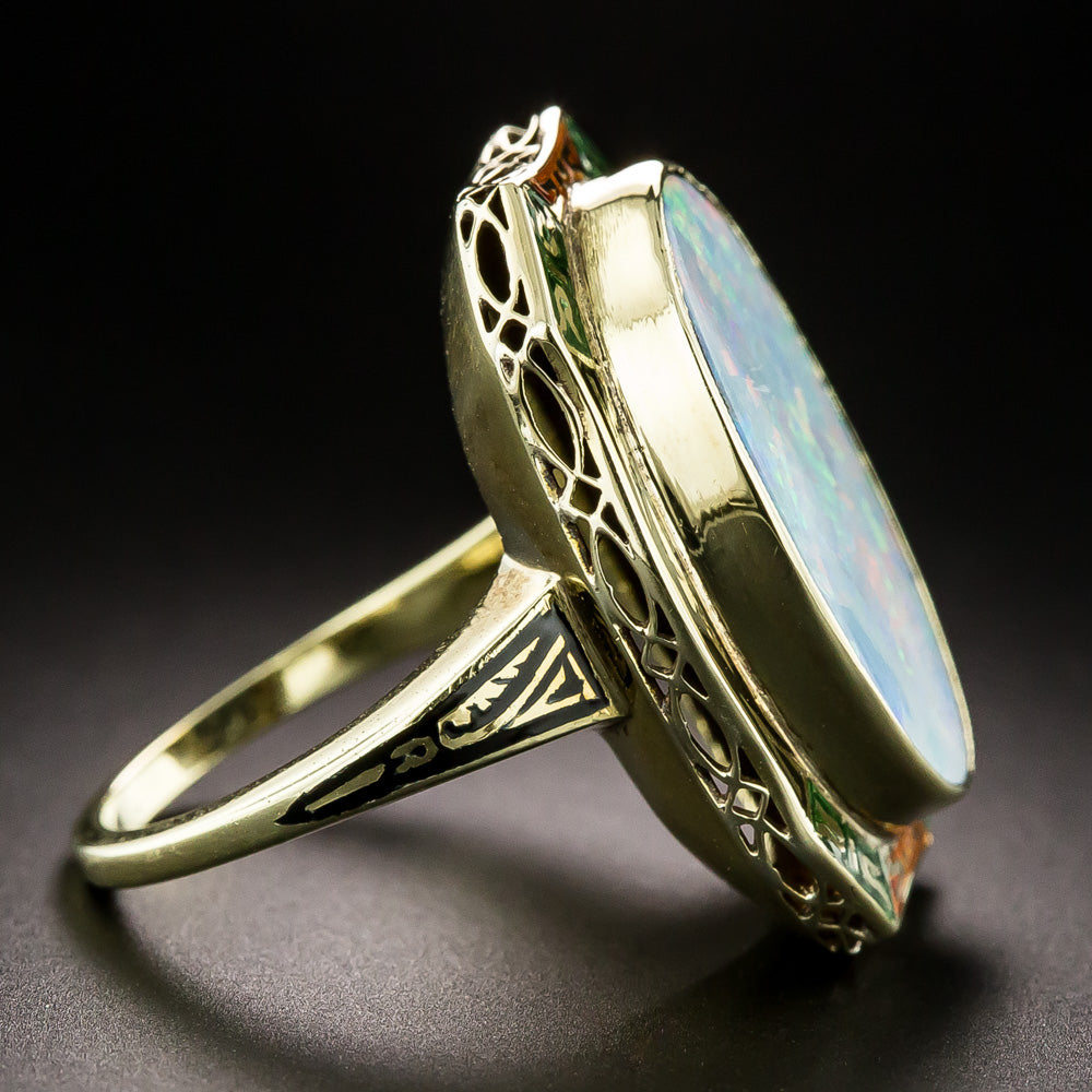 Art Deco Opal and Enamel Ring, Size 5 - 4