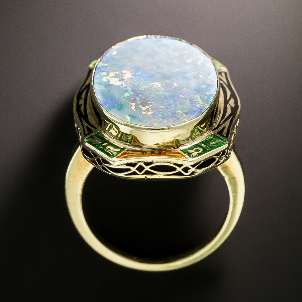Art Deco Opal and Enamel Ring, Size 5 - 5