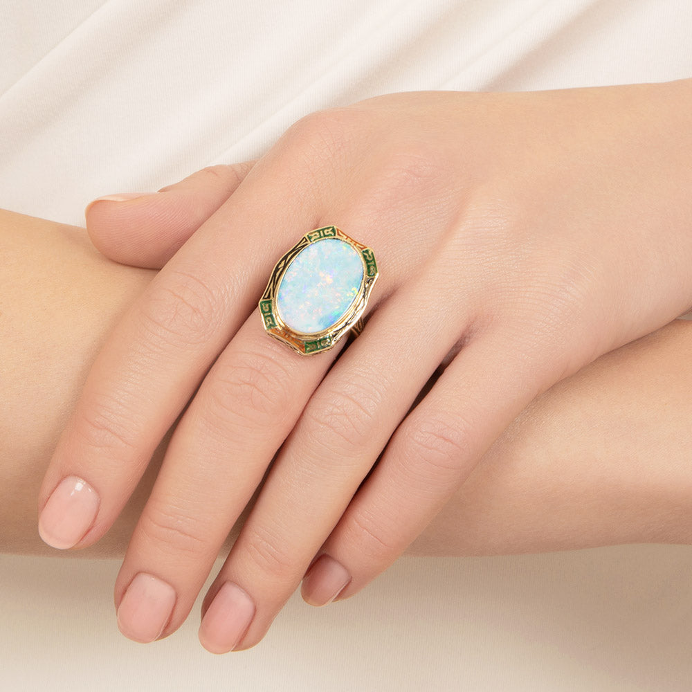 Art Deco Opal and Enamel Ring, Size 5 - 6