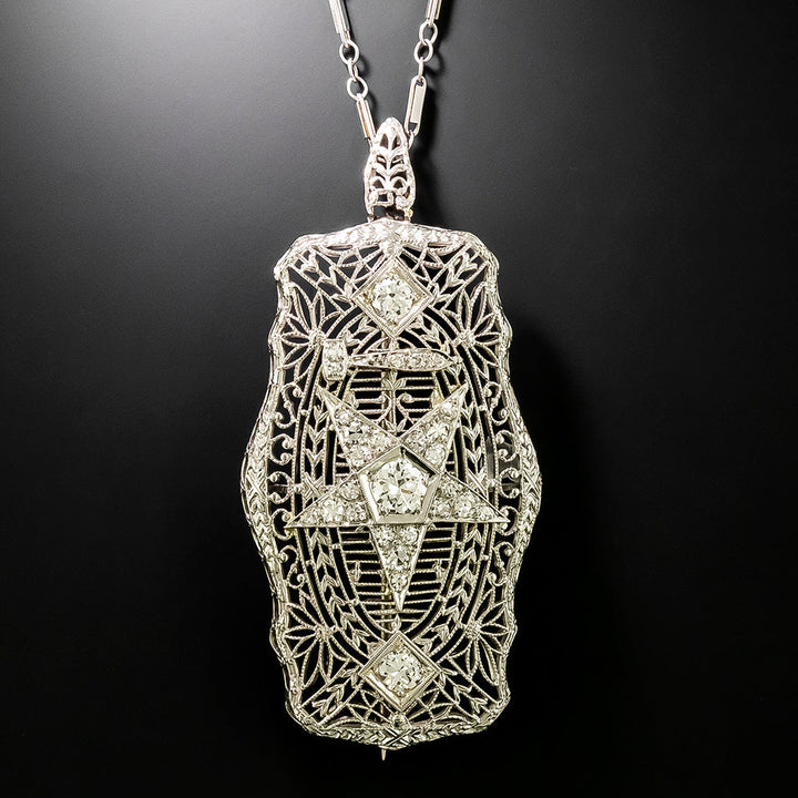 Art Deco Order Of The Eastern Star Diamond Filigree Necklace/Brooch
