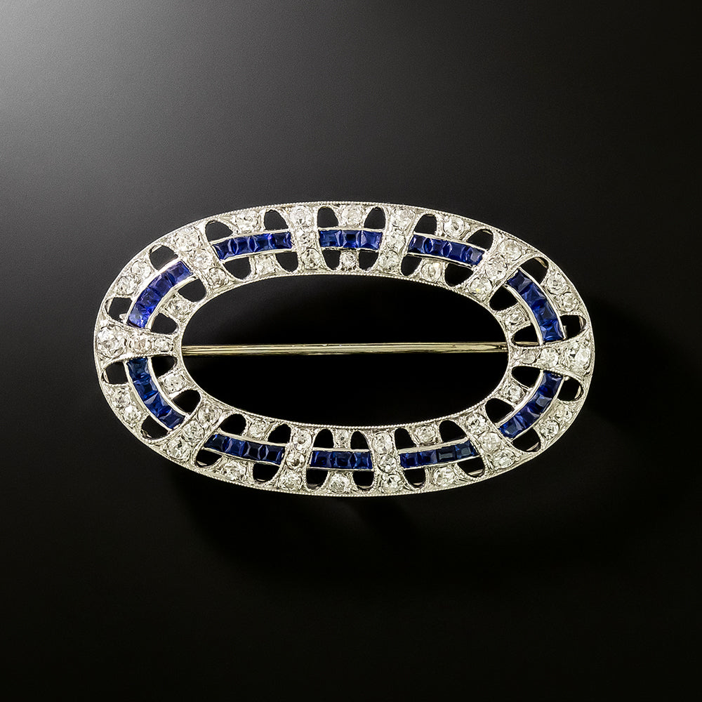 Art Deco Oval Diamond and Sapphire Brooch - 2