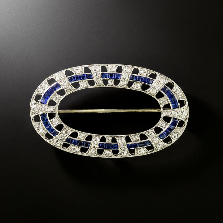 Art Deco Oval Diamond and Sapphire Brooch