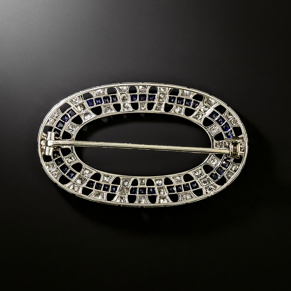 Art Deco Oval Diamond and Sapphire Brooch - 3
