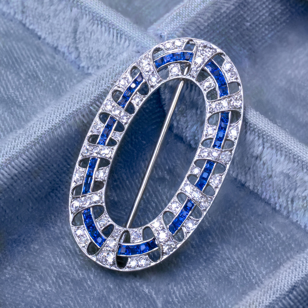 Art Deco Oval Diamond and Sapphire Brooch - 5