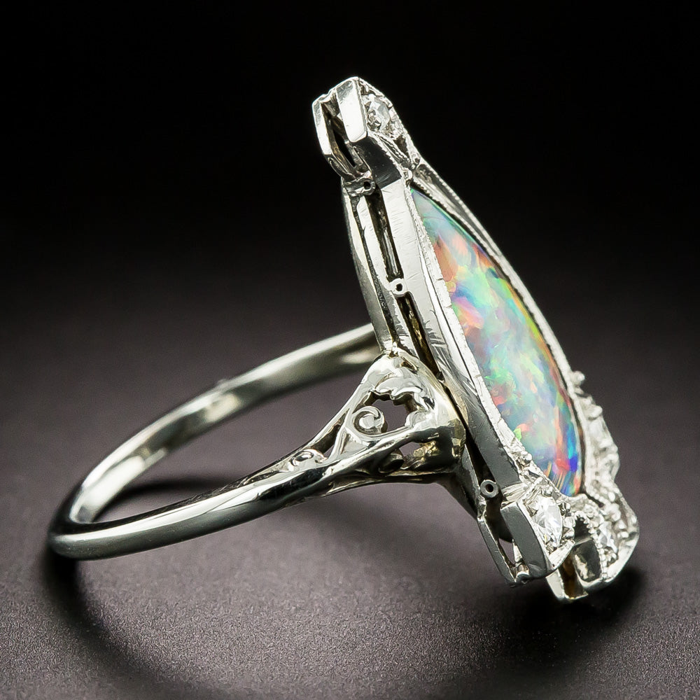 Art Deco Pear-Shaped Black Opal and Diamond Ring - 3