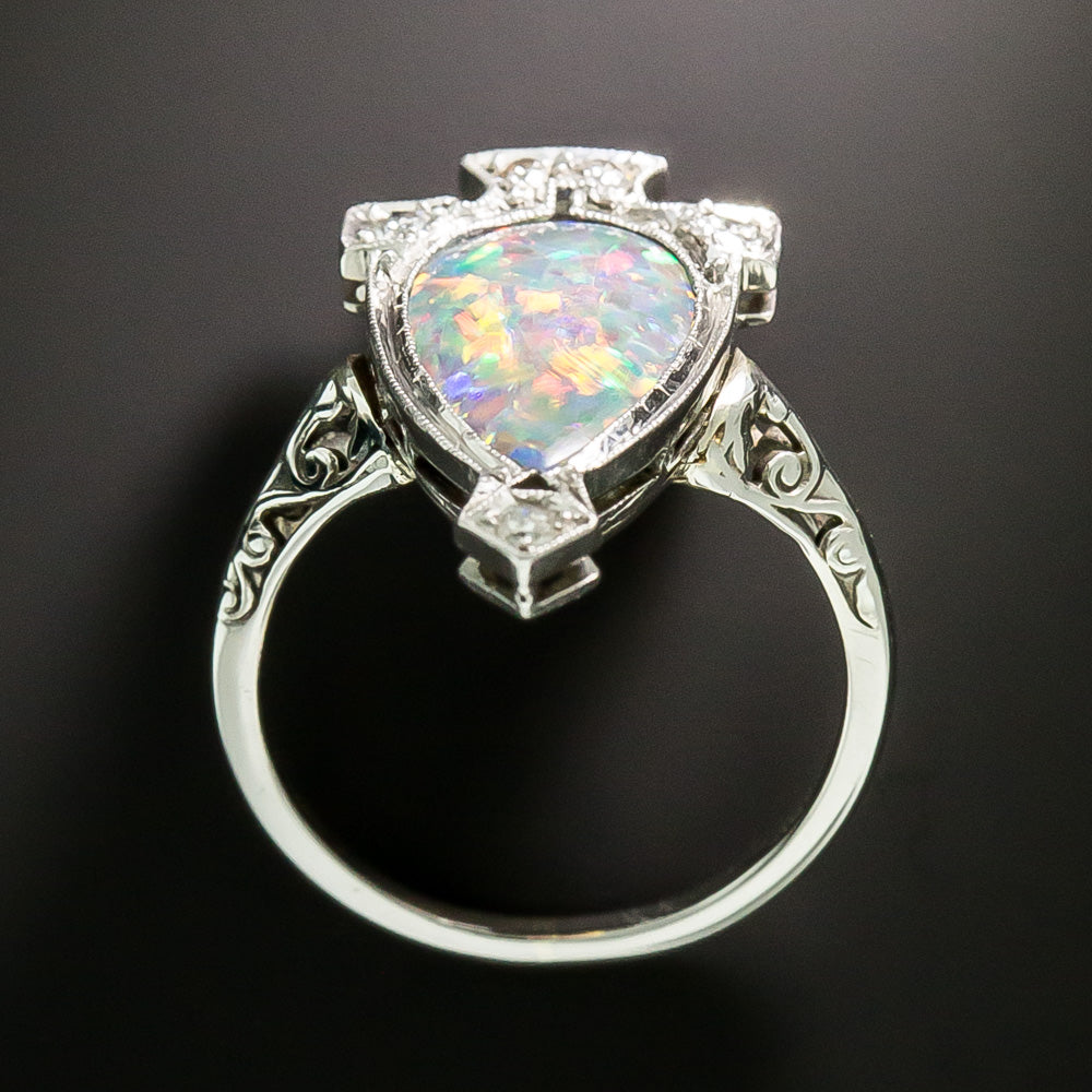Art Deco Pear-Shaped Black Opal and Diamond Ring - 4