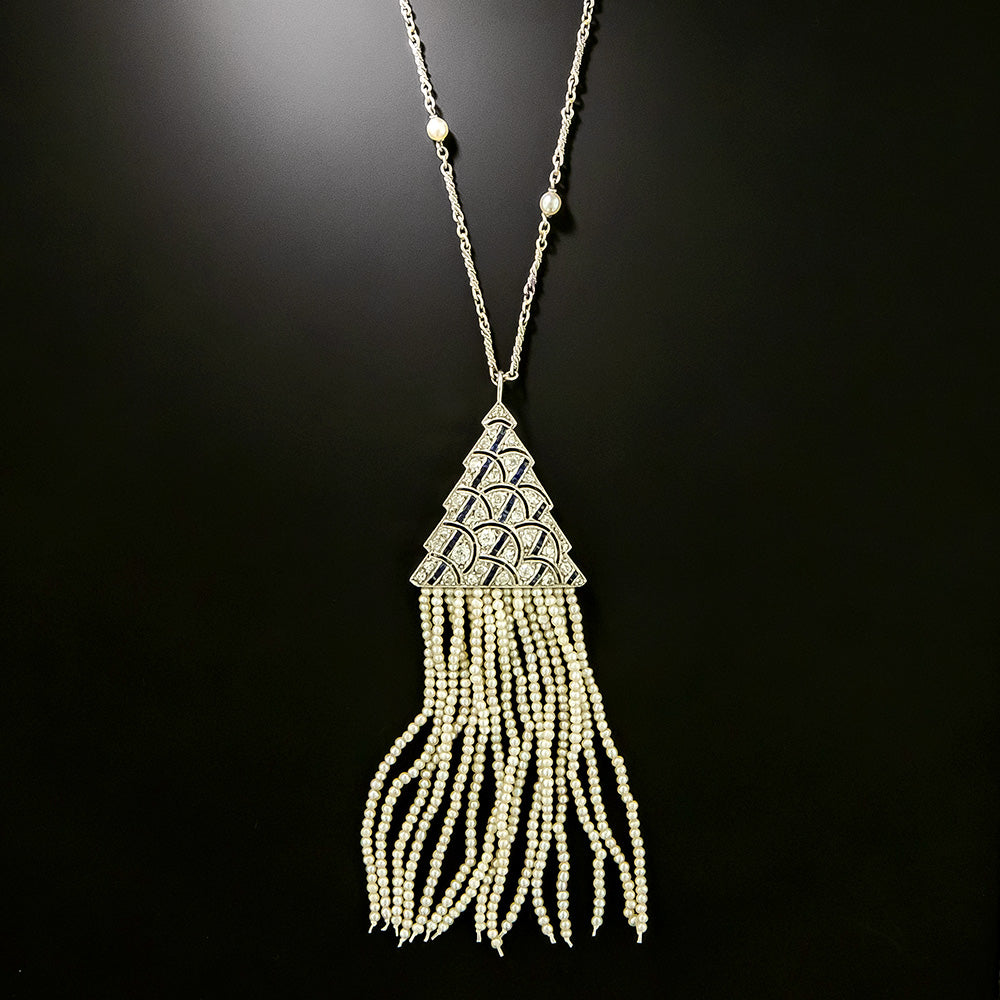 Art Deco Pearl Fringed Diamond and Sapphire* Necklace - 3