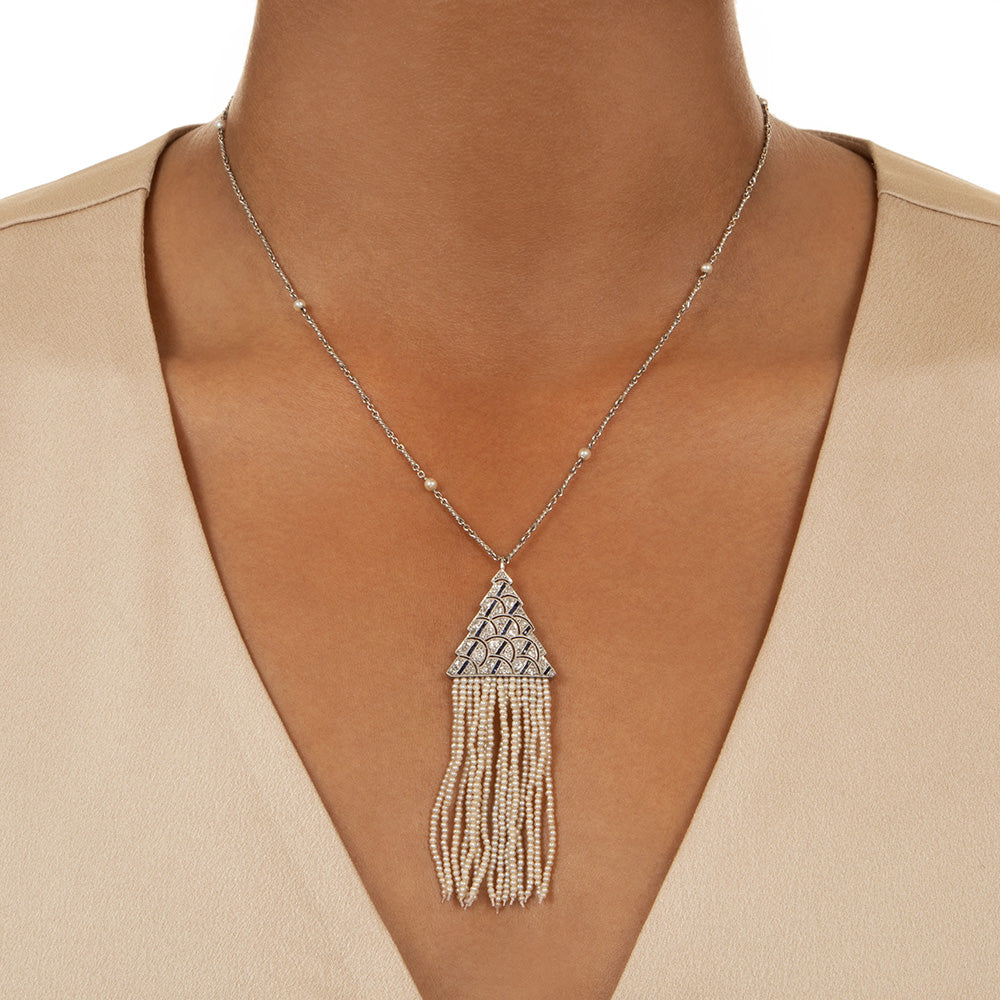 Art Deco Pearl Fringed Diamond and Sapphire* Necklace - 5