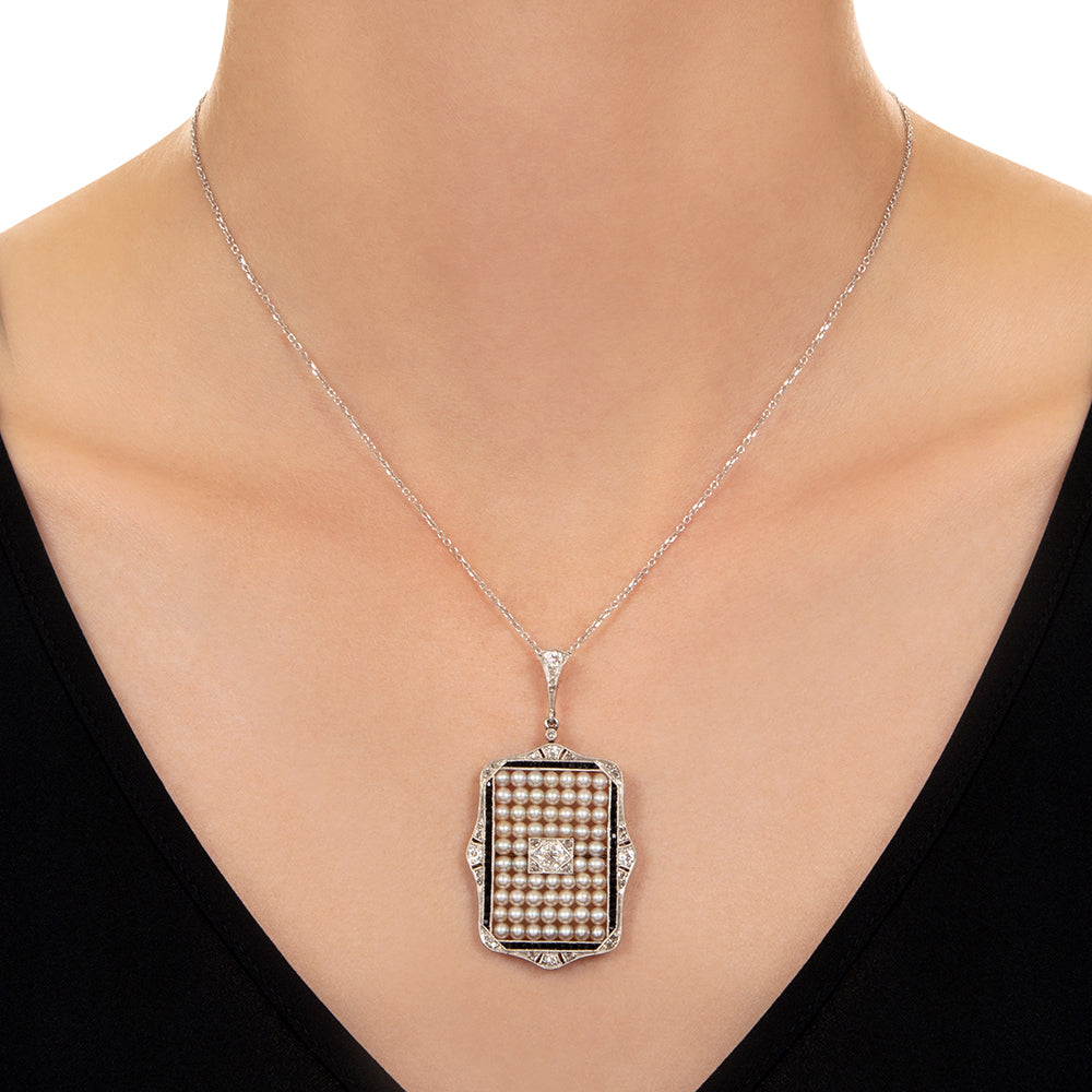 Art Deco Pearl, Onyx and Diamond Pendant - 3