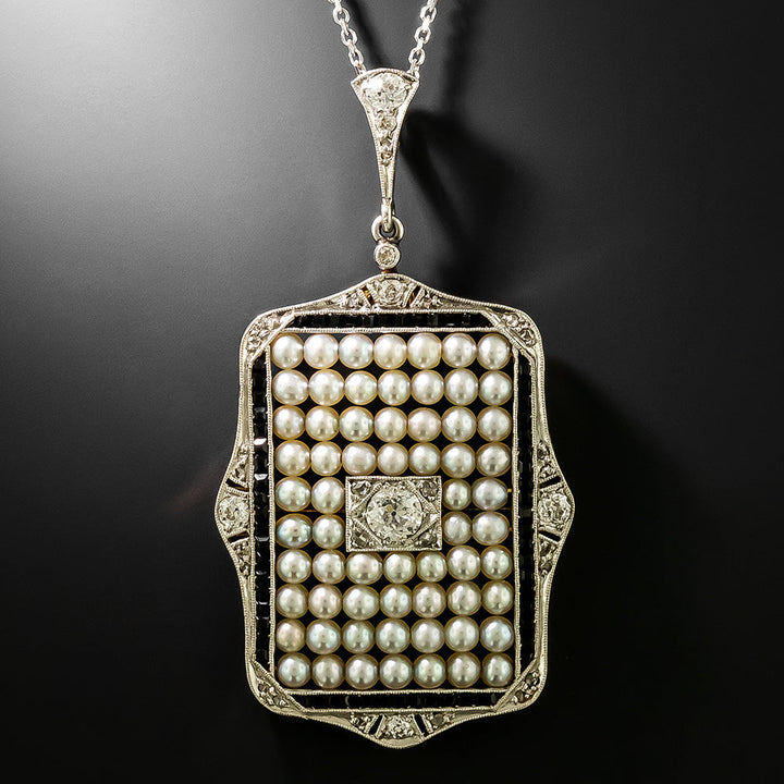Art Deco Pearl, Onyx and Diamond Pendant