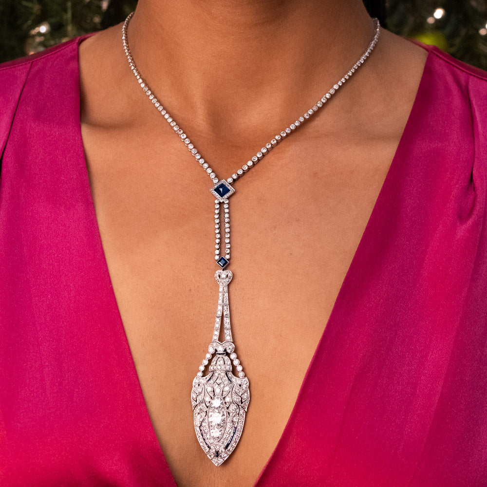 Art Deco Platinum Diamond and Sapphire Lavaliere Necklace - 12