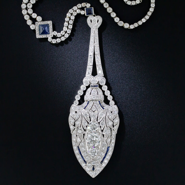 Art Deco Platinum Diamond and Sapphire Lavaliere Necklace