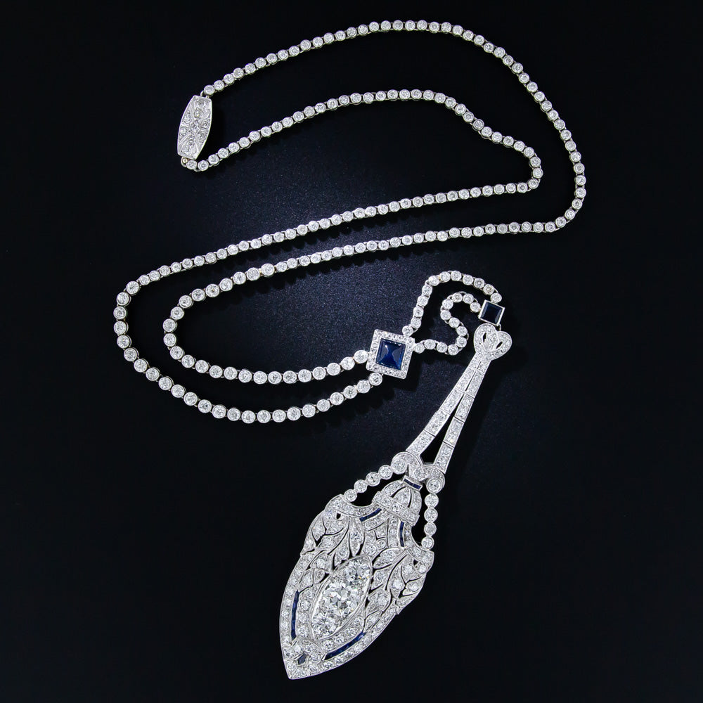 Art Deco Platinum Diamond and Sapphire Lavaliere Necklace - 12