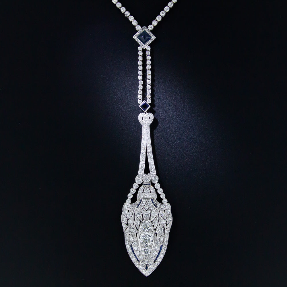 Art Deco Platinum Diamond and Sapphire Lavaliere Necklace - 13