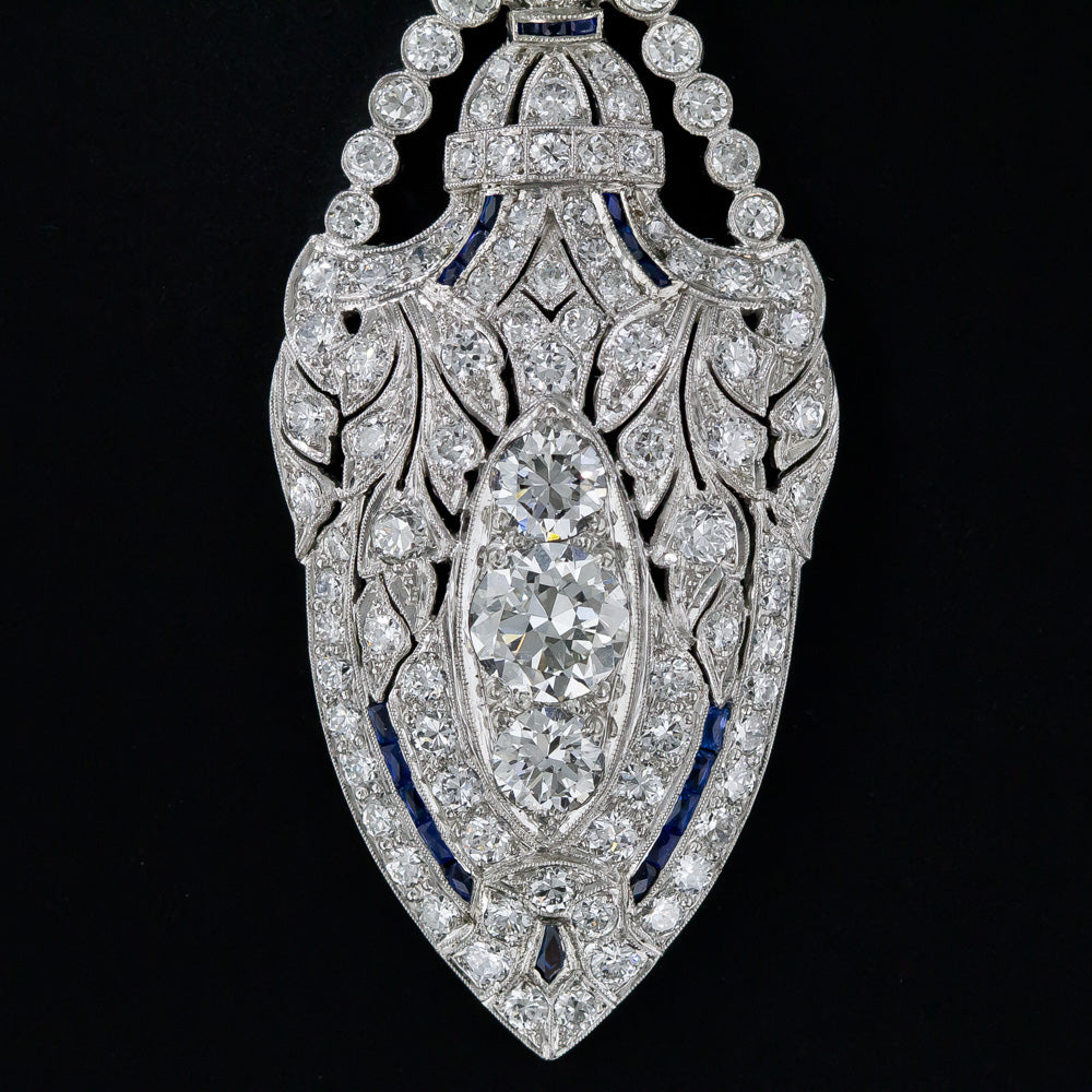 Art Deco Platinum Diamond and Sapphire Lavaliere Necklace - 14
