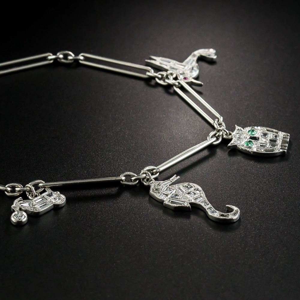 Art Deco Platinum Diamond Charm Bracelet - 4