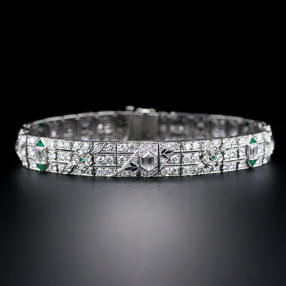 Art Deco Platinum, Diamond, Emerald and Onyx  Bracelet - 7