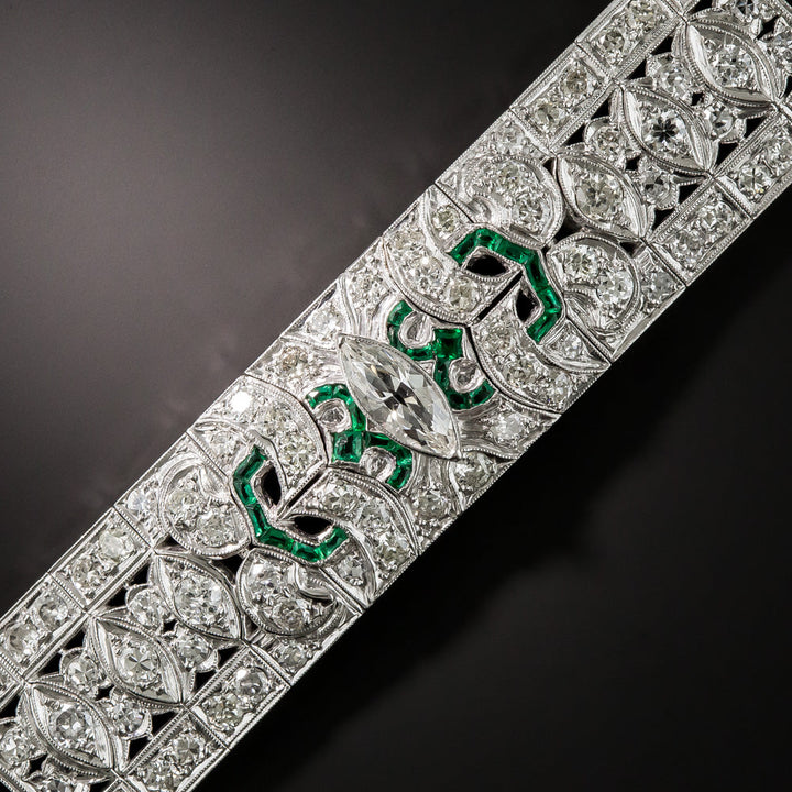 Art Deco Platinum Diamond Emerald Green Glass Bracelet