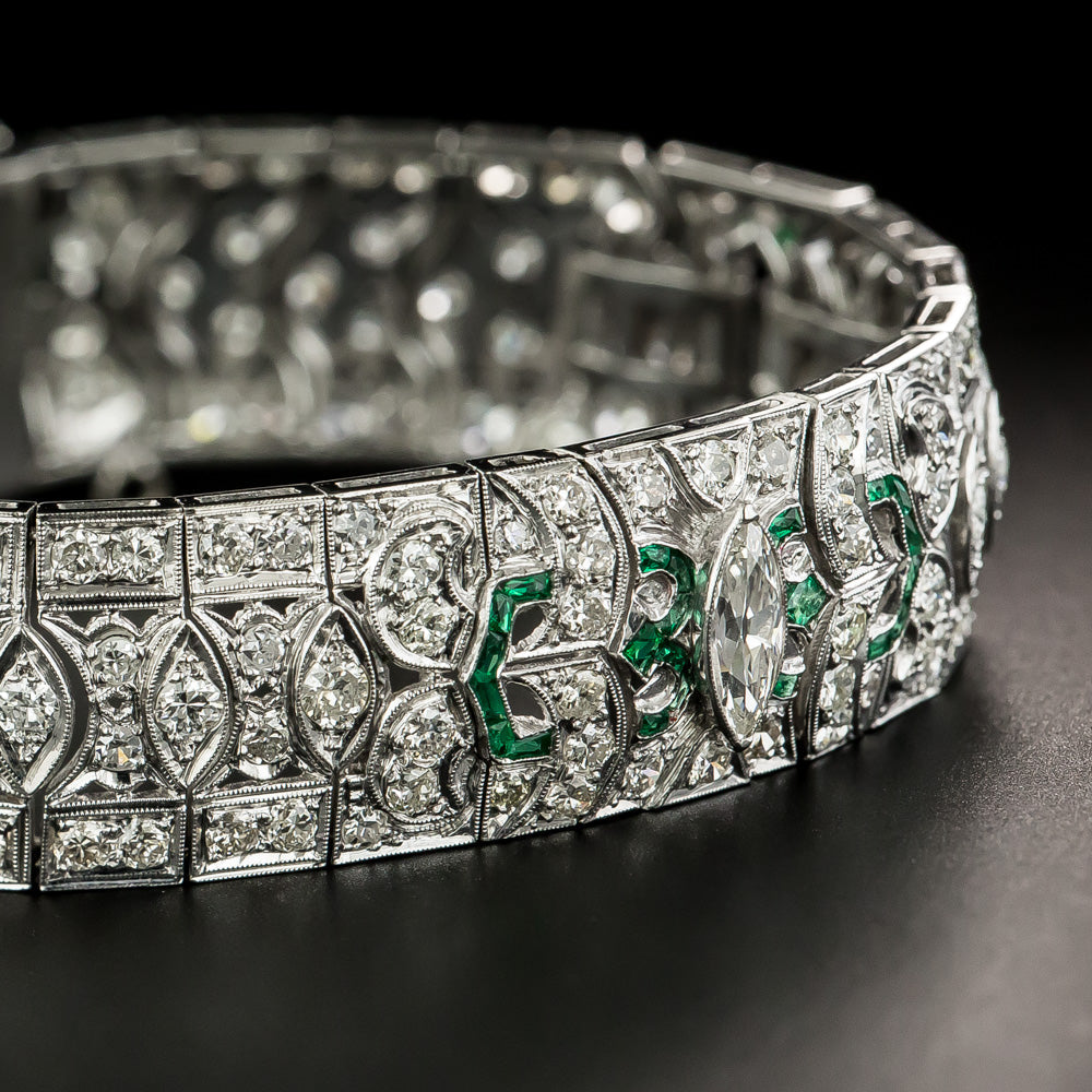 Art Deco Platinum Diamond Emerald Green Glass Bracelet - 5