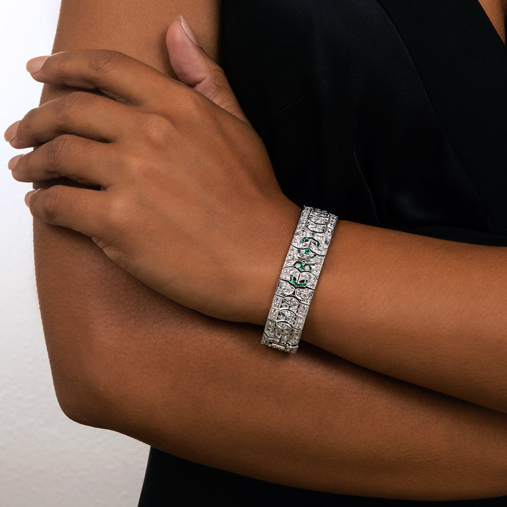 Art Deco Platinum Diamond Emerald Green Glass Bracelet - 6