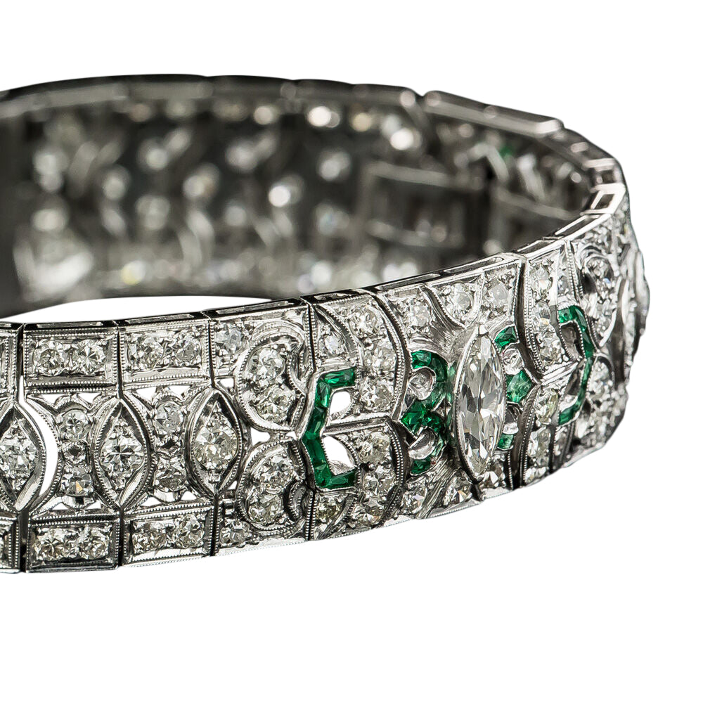 Art Deco Platinum Diamond Emerald Green Glass Bracelet - 5