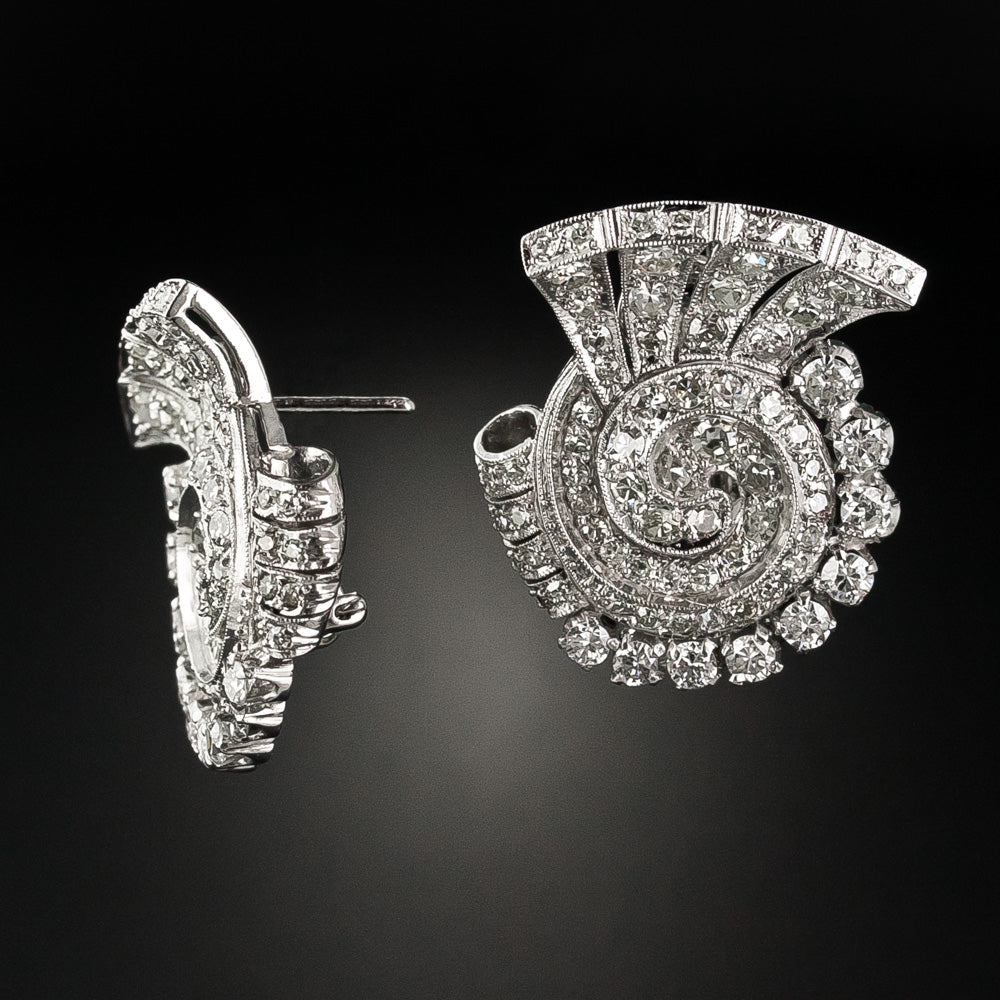 Art Deco Platinum Swirl Diamond Ear Clips - 2