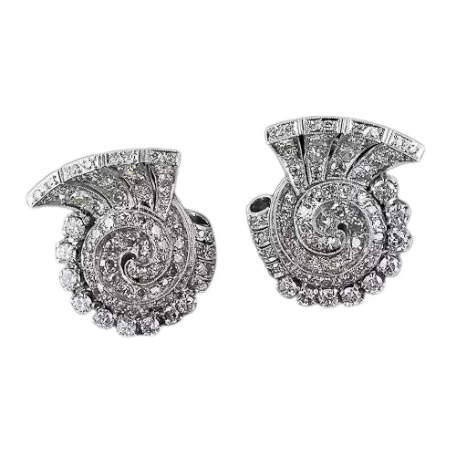 Art Deco Platinum Swirl Diamond Ear Clips - 5