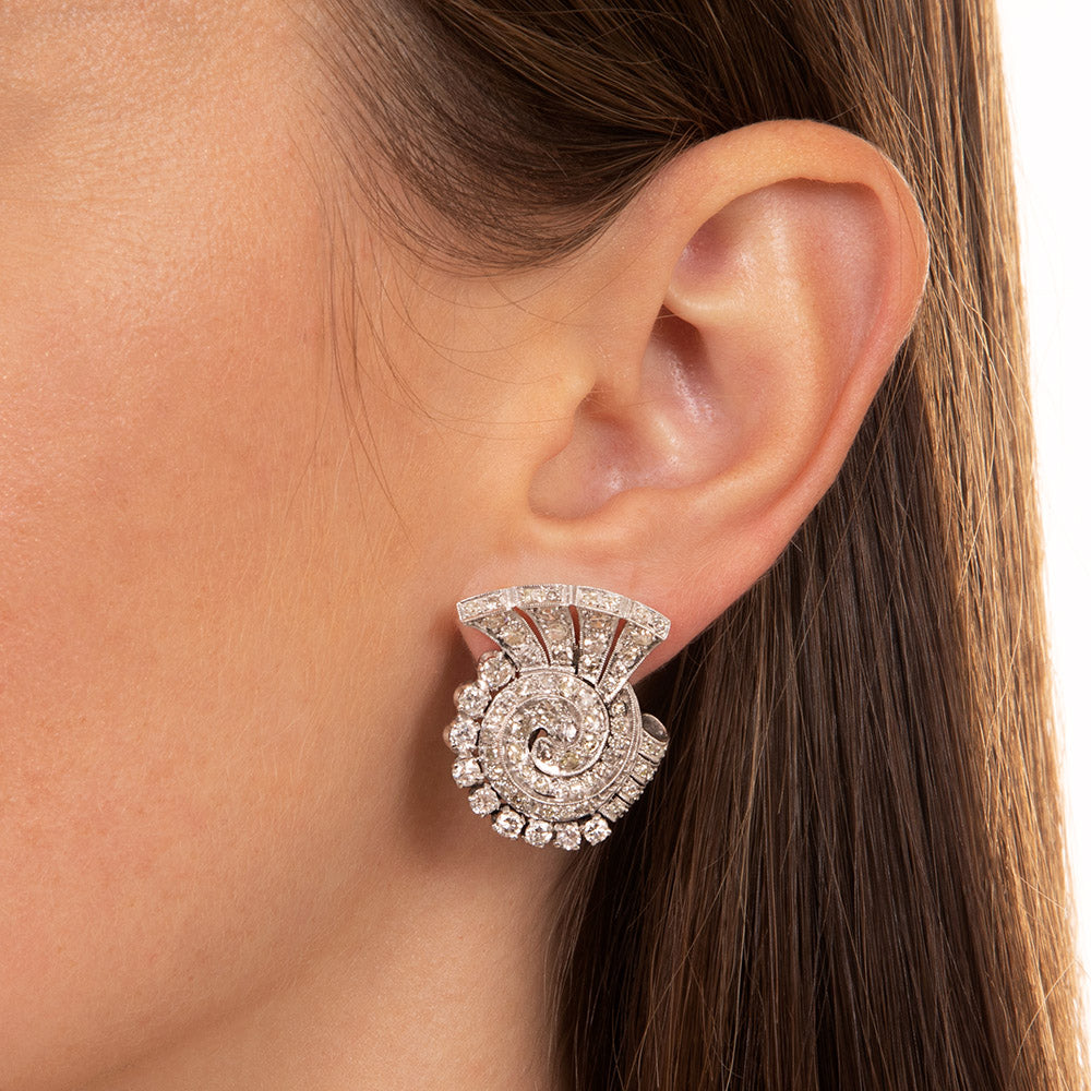 Art Deco Platinum Swirl Diamond Ear Clips - 6
