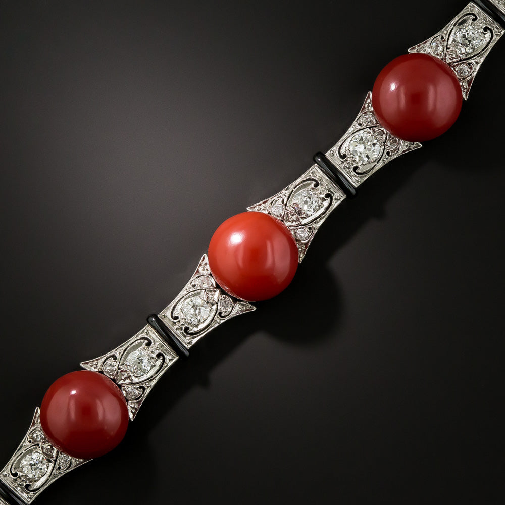 Art Deco Red Coral, Diamond and Black Enamel Bracelet  - 4