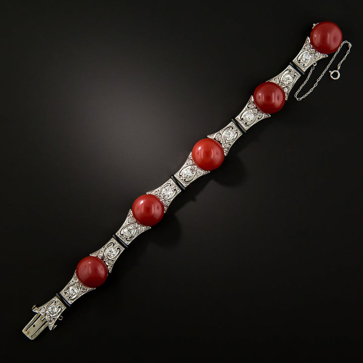Art Deco Red Coral, Diamond and Black Enamel Bracelet