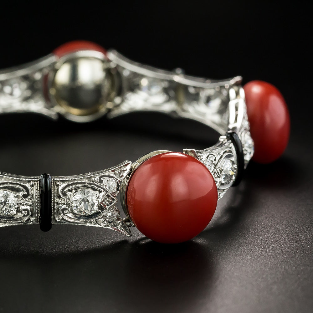 Art Deco Red Coral, Diamond and Black Enamel Bracelet  - 5