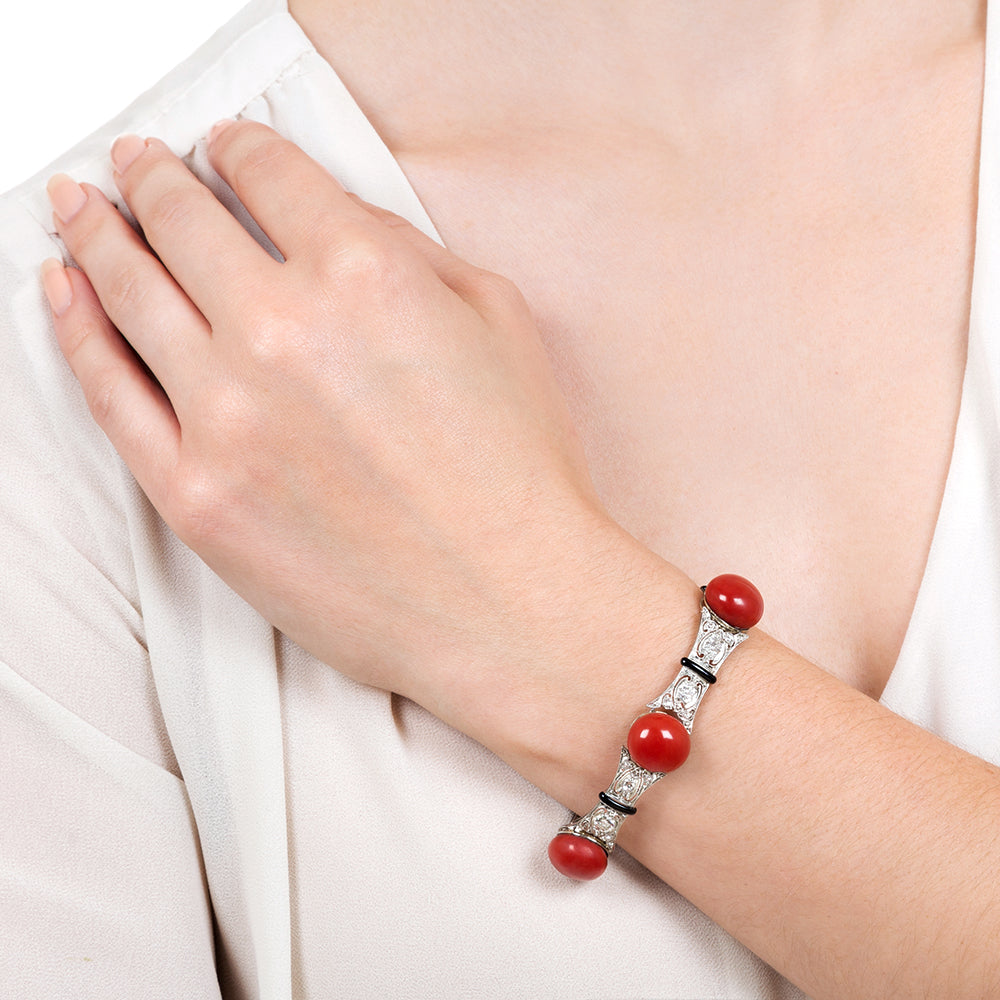 Art Deco Red Coral, Diamond and Black Enamel Bracelet  - 6