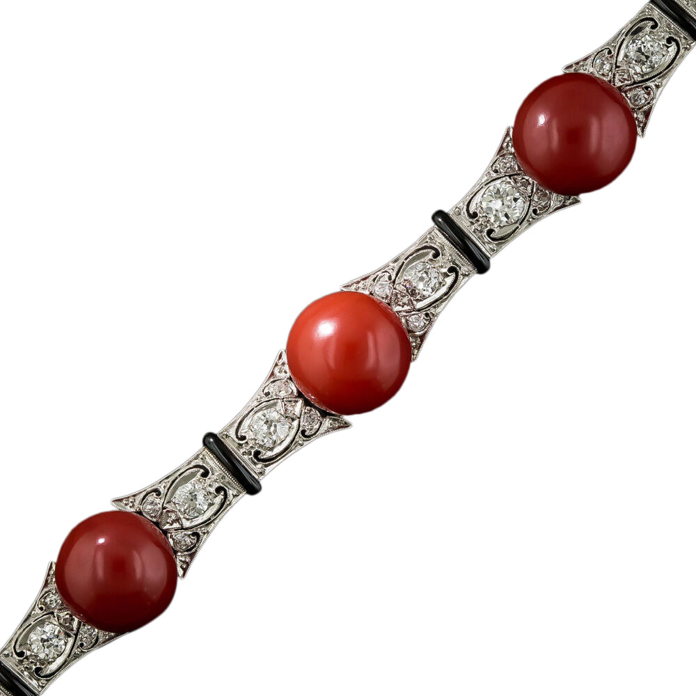 Art Deco Red Coral, Diamond and Black Enamel Bracelet  - 5