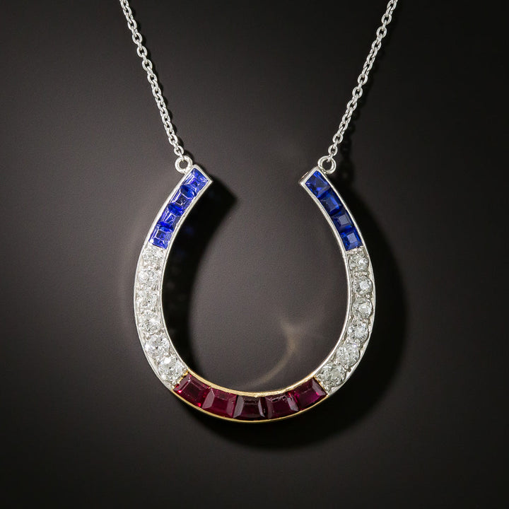 Art Deco Red, White & Blue Horse Shoe Pendant