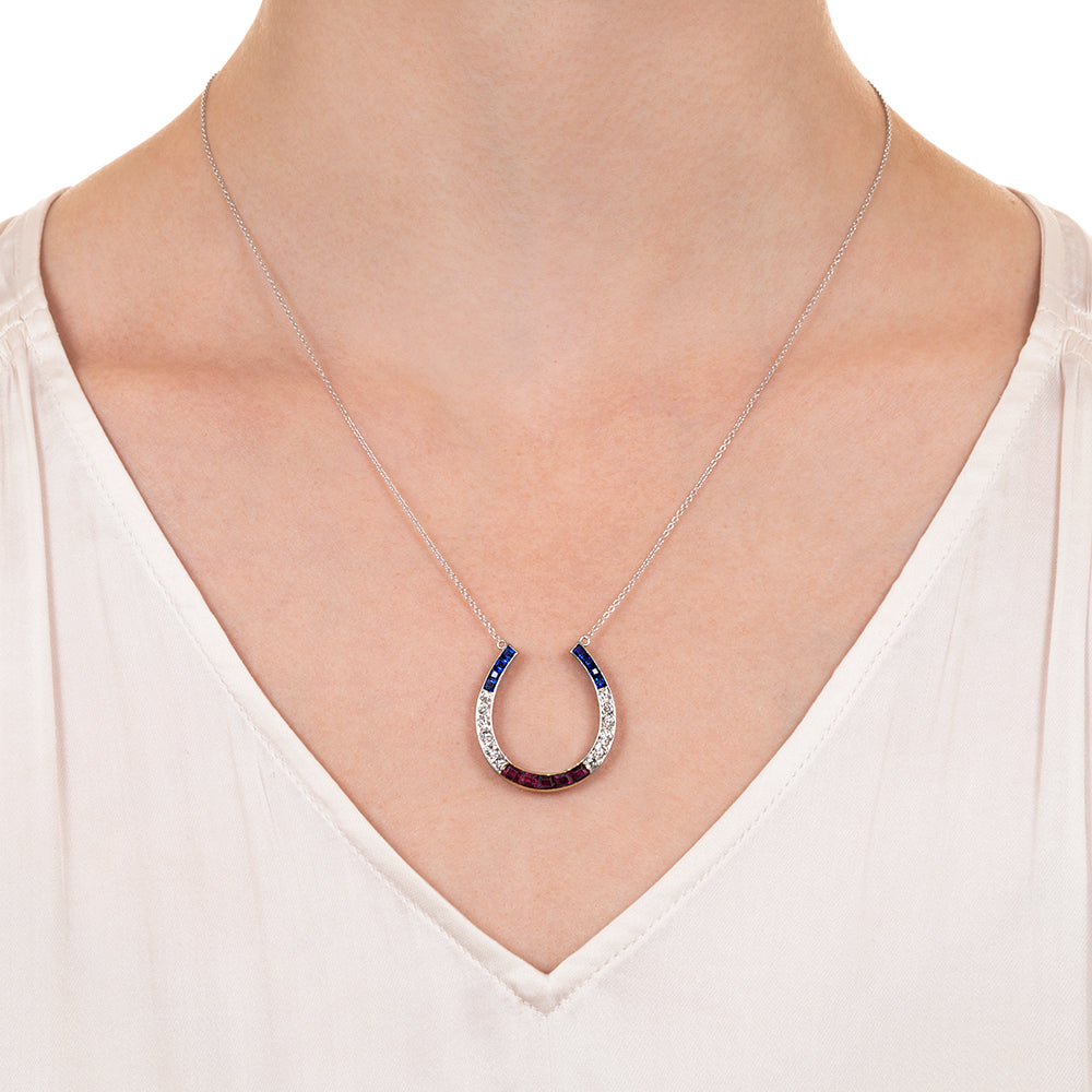 Art Deco Red, White & Blue Horse Shoe Pendant - 7