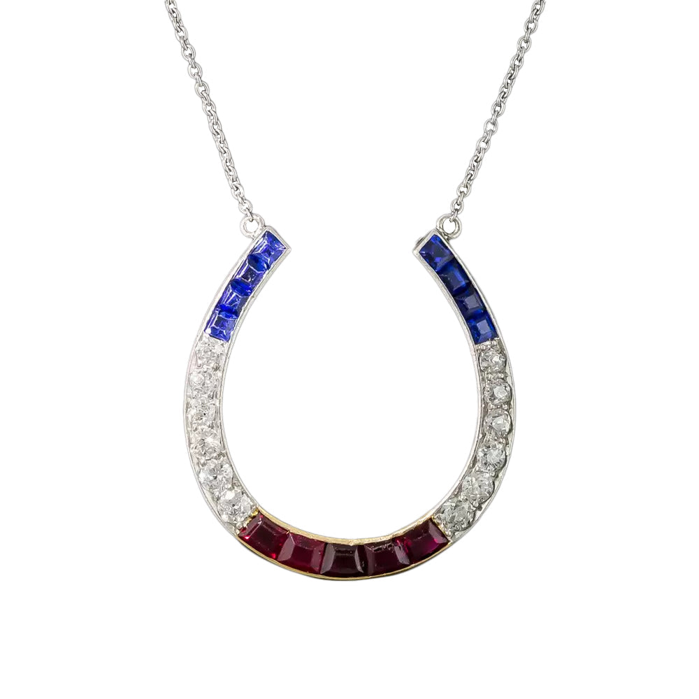 Art Deco Red, White & Blue Horse Shoe Pendant - 6