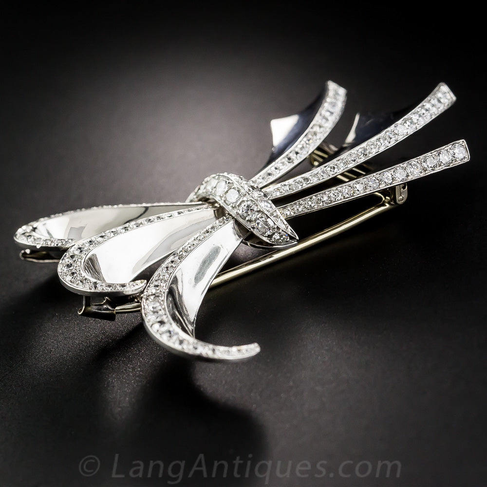Art Deco/Retro Platinum Diamond Bow Brooch - 4