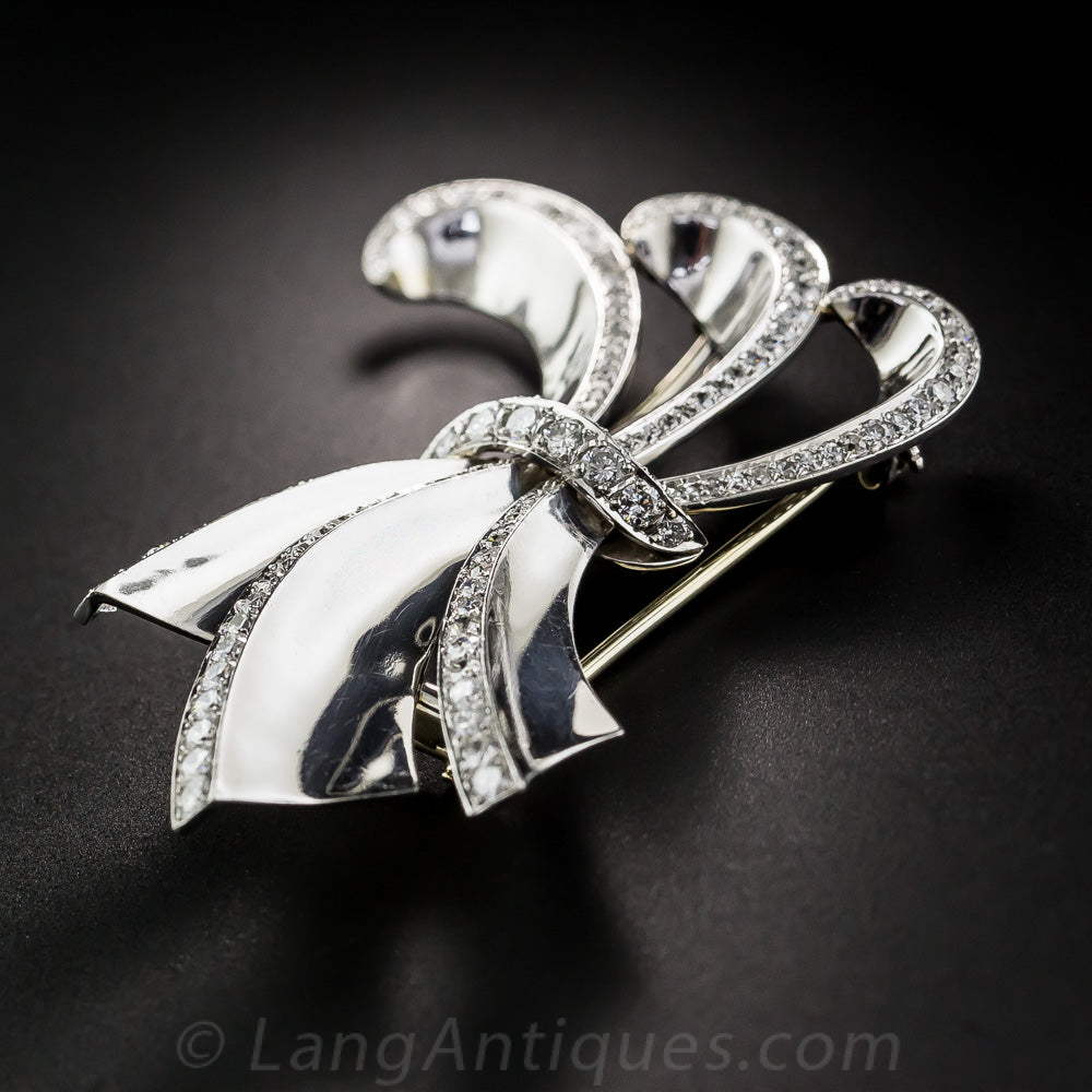 Art Deco/Retro Platinum Diamond Bow Brooch - 5