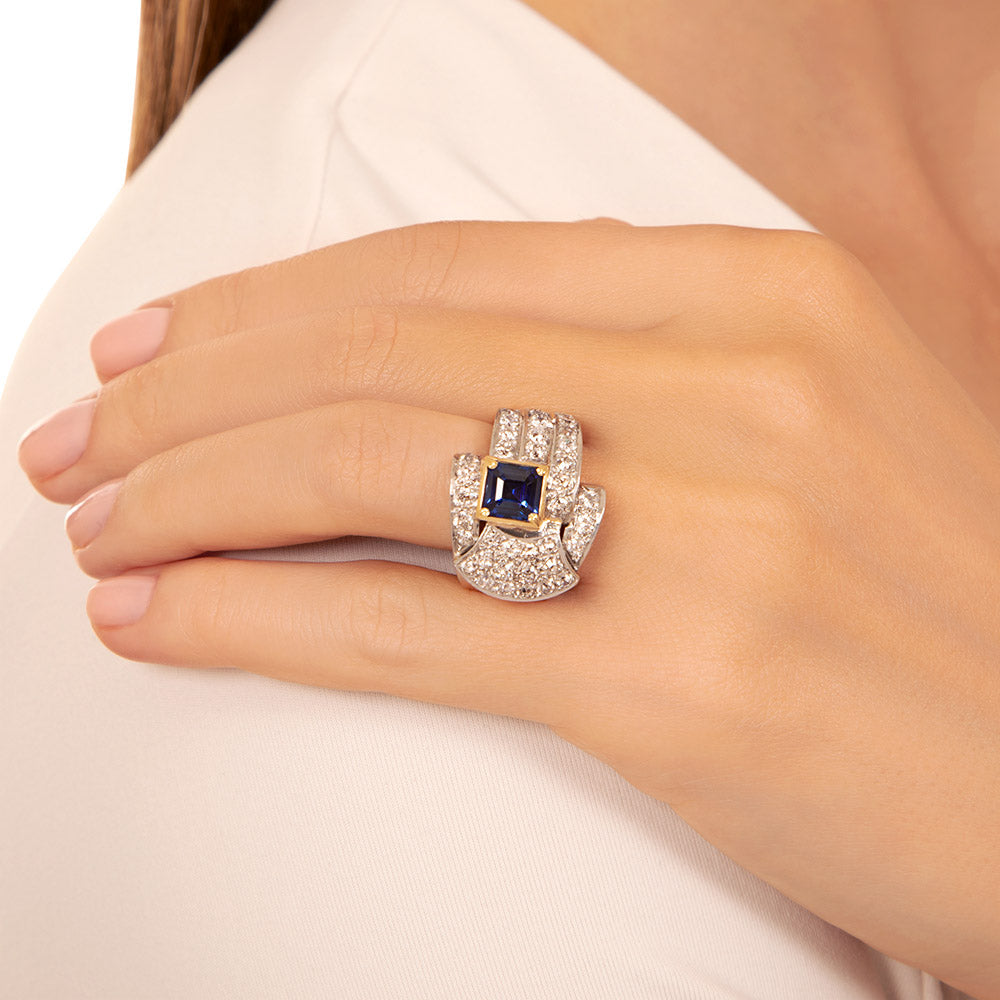 Art Deco/Retro Sapphire and Diamond Buckle Ring - 7